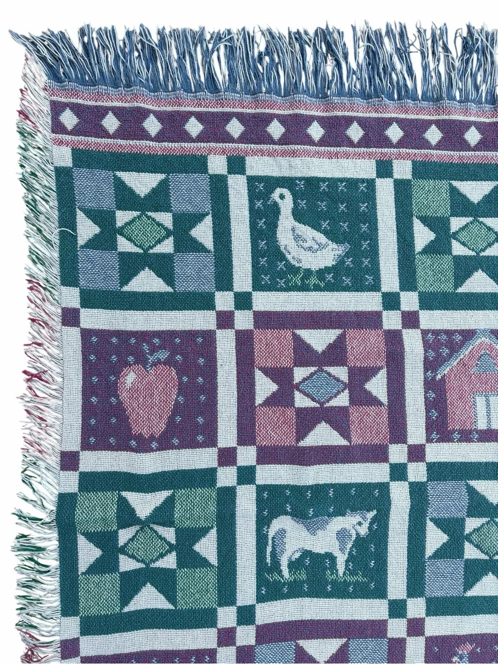Cottagecore Woven Tapestry Patchwork Throw Blanket in Teal & Purple 100% Cotton